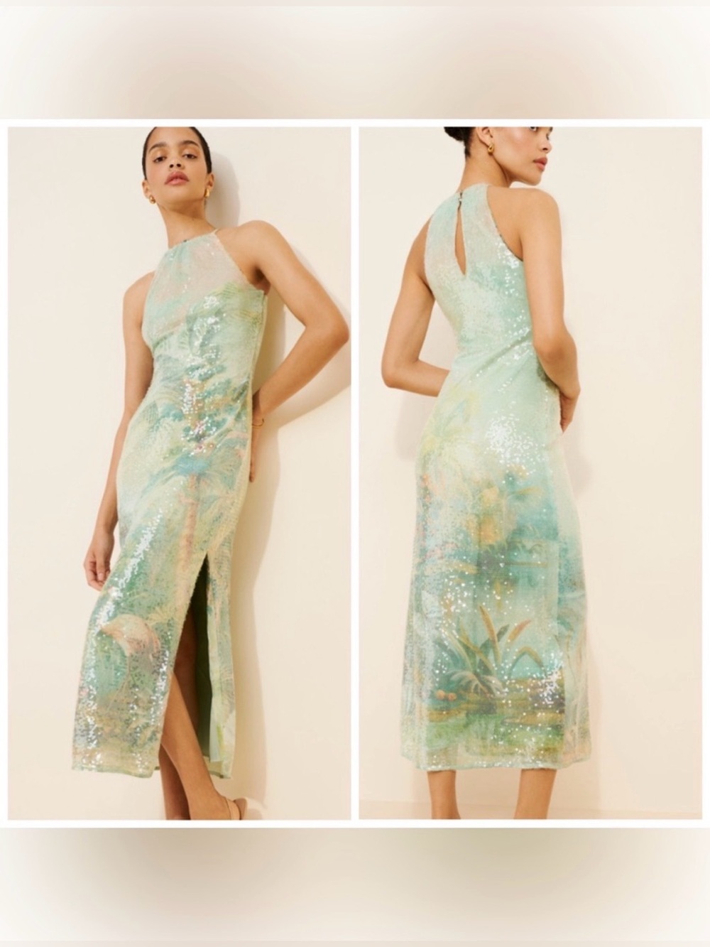 BHLDN Paulina Halter Printed Sequin Midi Dress Green Bird Small